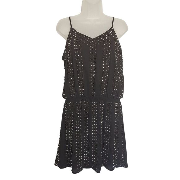 Black Mini Beaded Spaghetti Strap Dress Medium Goth Rock Punk Metal Slouchy Y2K - Picture 1 of 12